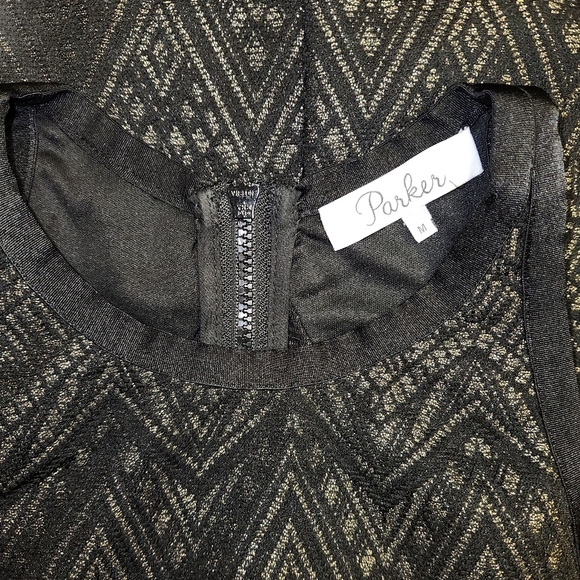 PARKER Black & Gold Geometrical Textured Print In Gold Black Flare Dress Size M - Picture 10 of 16